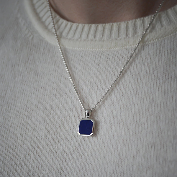 Herren Halskette Silber mit Lapis Stein Anhänger blau