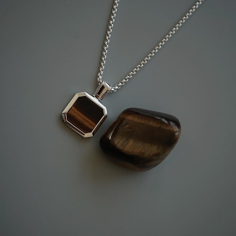 Herren Kette Silber mit braunem Tiger Eye Anhänger Sprezzi Fashion