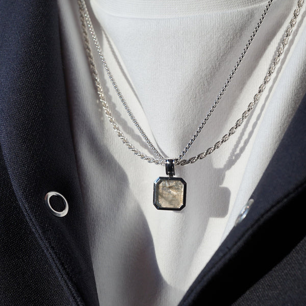 Men's Silver Necklace Set Larvikite & Rope