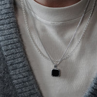 925 Silber Halsketten Set Onyx und Rolo handgefertigt mit schwarzem Onyx Anhänger quadratisch robust einstellbar ideal als Geschenk Sprezzi Fashion