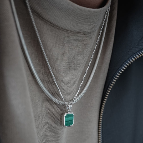 Herren 925 Silber Halsketten Set Snake Kette und Malachit Edelstein Kette robust minimalistisch für moderne Looks Sprezzi Fashion