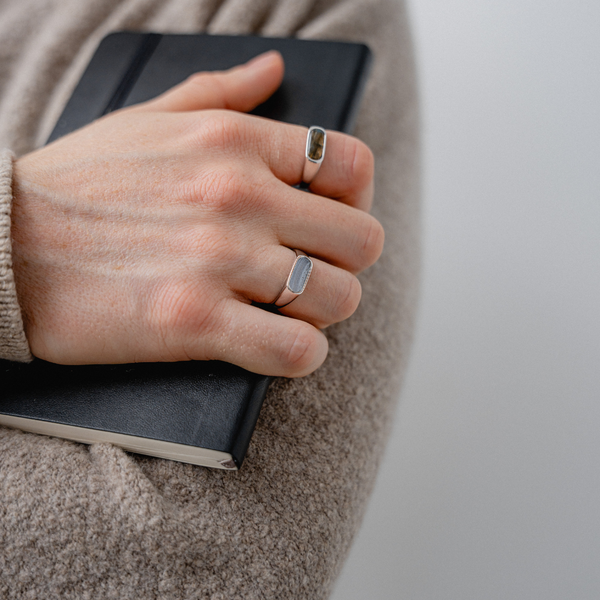 Herren Ringe Silber fein mit Stein Siegelring Aquamarin Blau Larvikit Grün schimmernd minimalistisches Design Sprezzi Fashion