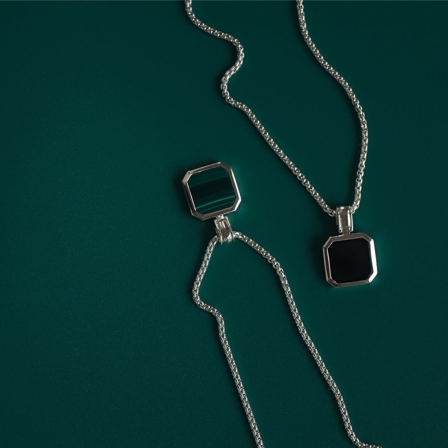 Halskette mit natürlichem Stein Anhänger Onyx schwarz und Malachit grün aus 925 Sterling Silver verstellbar Steinketten