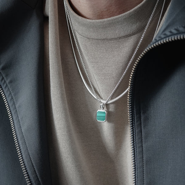 925 Silber Herren Halsketten Set Snake Kette und grüne Malachit Kette mit Edelstein handgefertigt elegant vielseitig kombinierbar Sprezzi Fashion