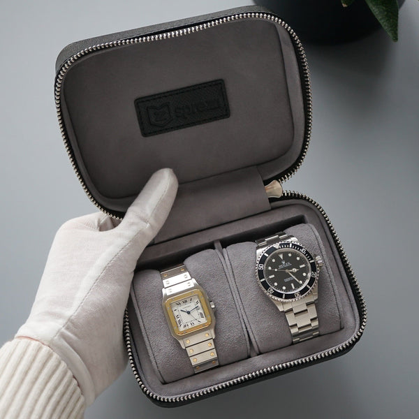 Luxuriöse Leder Uhrenbox schwarz Aufbewahrung für bis zu 2 Uhren Sprezzi Fashion