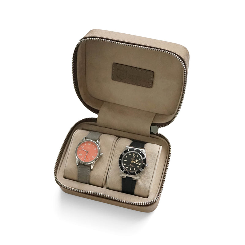 Luxuriöse Leder Uhrenbox taupe Aufbewahrung für bis zu 2 Uhren Sprezzi Fashion