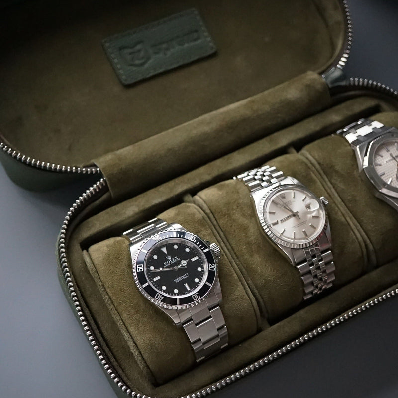 Luxuriöse Leder Uhrenbox khaki grün Aufbewahrung für bis zu 3 Uhren von Sprezzi Fashion