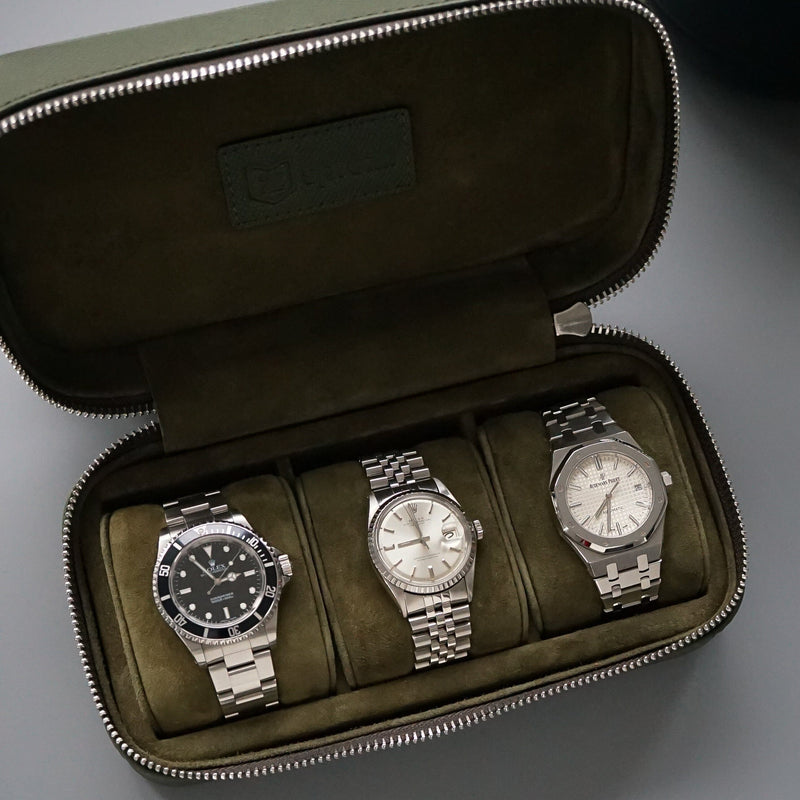 Luxuriöse Leder Uhrenbox khaki grün Aufbewahrung für bis zu 3 Uhren von Sprezzi Fashion