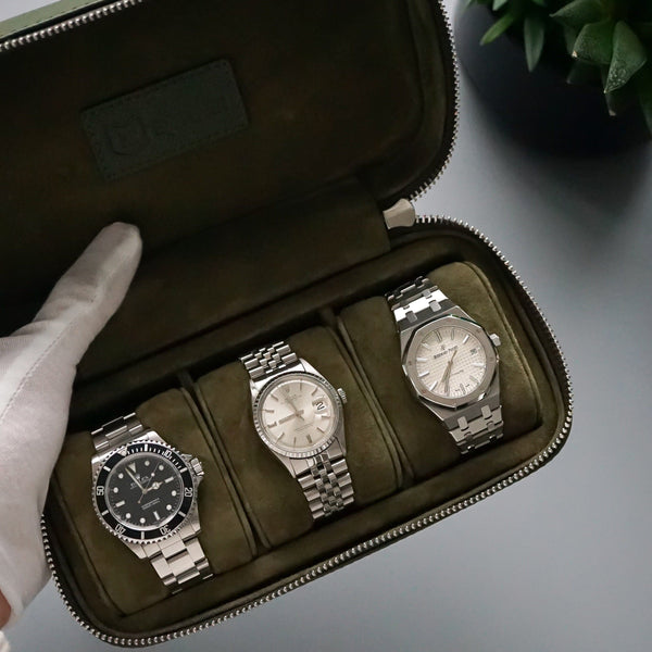 Luxuriöse Leder Uhrenbox khaki grün Aufbewahrung für bis zu 3 Uhren von Sprezzi Fashion