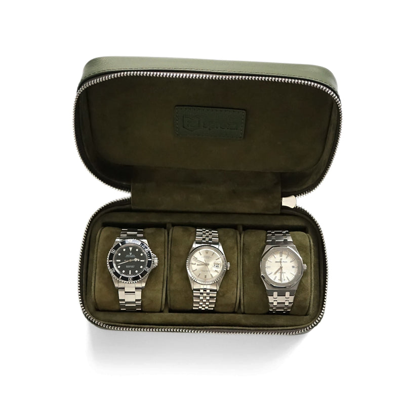 Luxuriöse Leder Uhrenbox khaki grün Aufbewahrung für bis zu 3 Uhren von Sprezzi Fashion