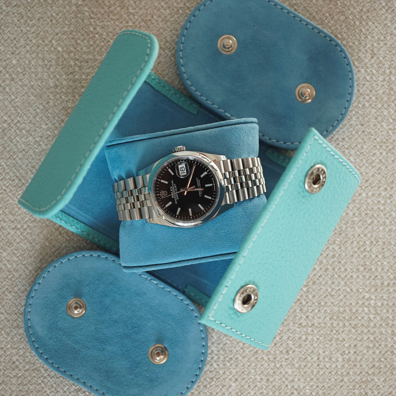 Hochwertige Leder Uhrenrolle türkis Aufbewahrung für eine Uhr Sprezzi Fashion